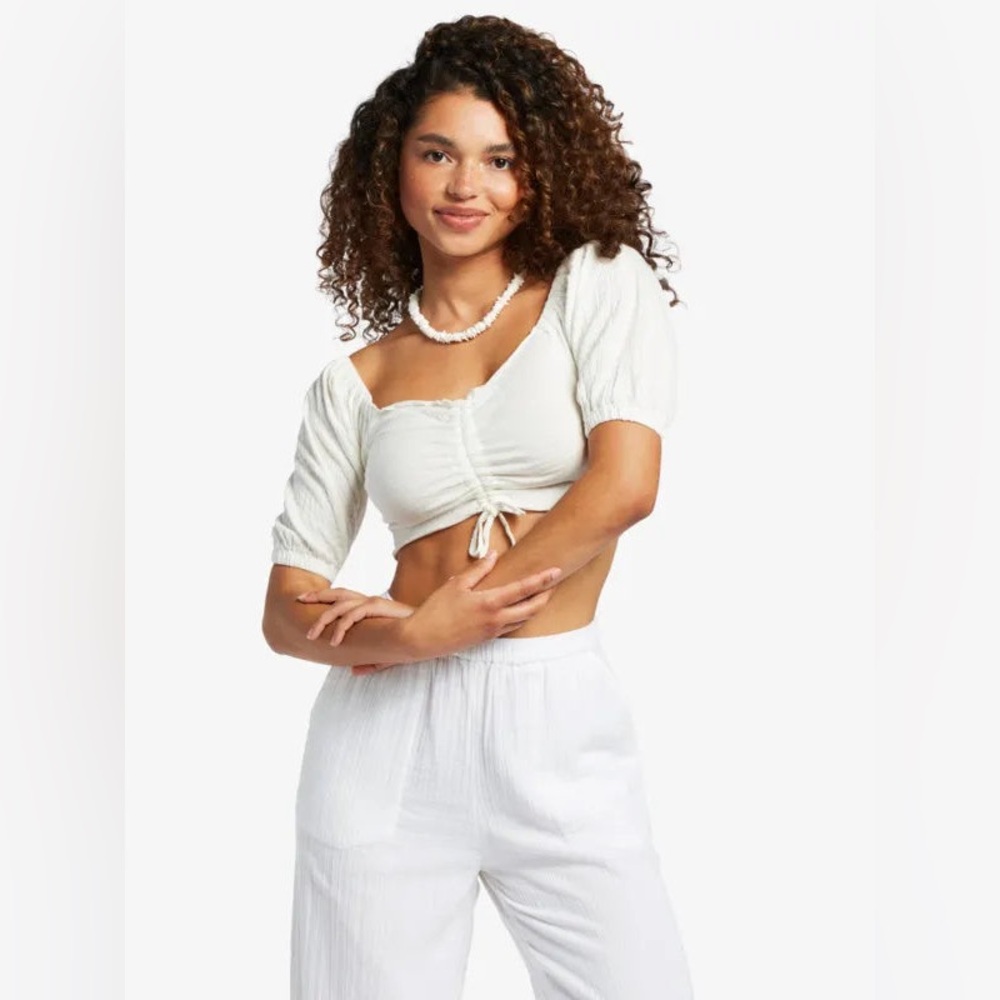 Roxy Flirty‎ Walk Top Blouse Cropped Gauze Ruched Puff Sleeve White NWT Size XL